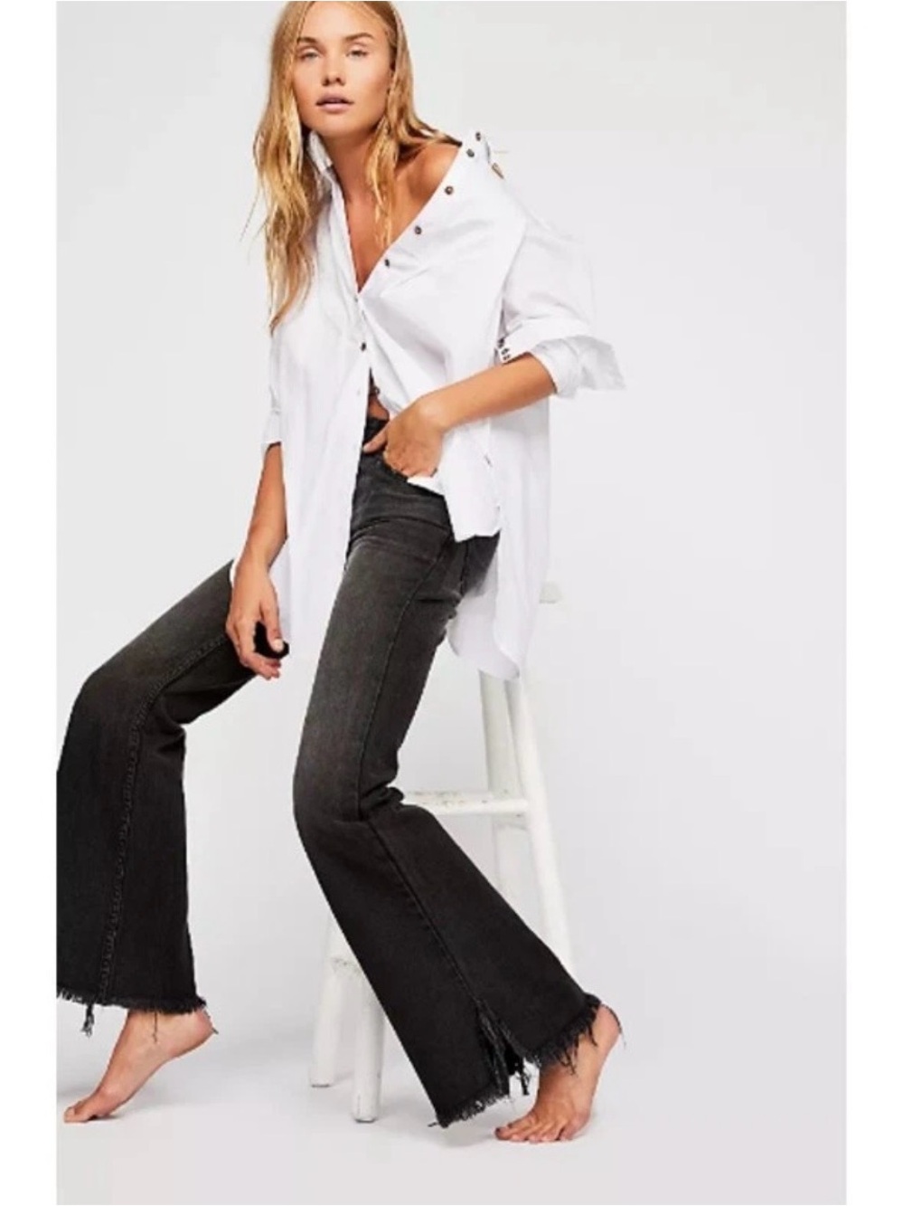 Free People Jeans raw hem Flare Faded Black Mid Rise Frayed 25